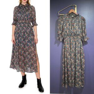 Melloday Mock Neck Elbow-Length Sleeve Floral Print Midi Dress